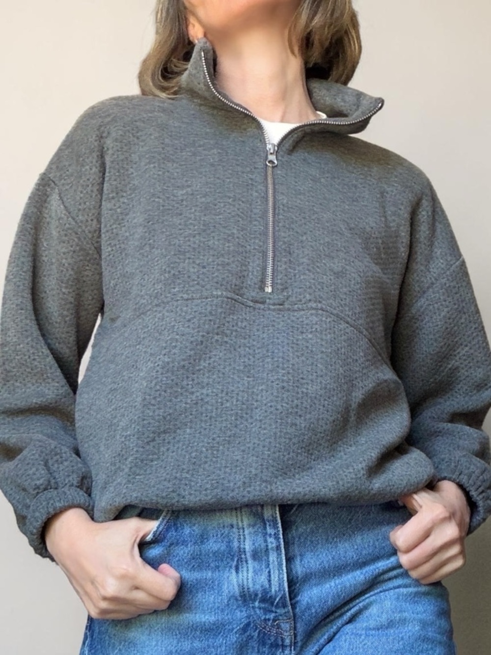 J.Crew Terry Pointelle Half‑Zip Sweatshirt – XS – Oversized Boxy Fit – Gray